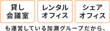 貸し会議室、レンタルオフィス、シェアオフィスも運営している加瀬だから、